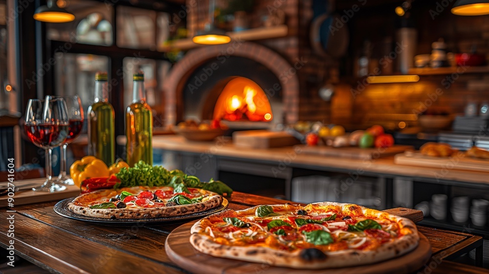 Italian restaurant kitchen interior with traditional wood fired brick oven, fresh baked pizzas on the table. Italian restaurant kitchen interior with traditional wood fired brick oven, fresh baked pizzas on the table.