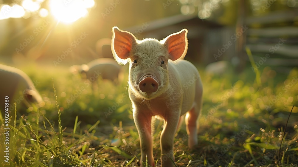 A baby piglet exploring a sunlit farmyard, morning light A baby piglet exploring a sunlit farmyard, morning light