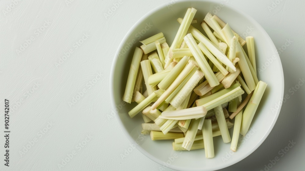 Isolated chopped lemongrass in a white bowl Isolated chopped lemongrass in a white bowl