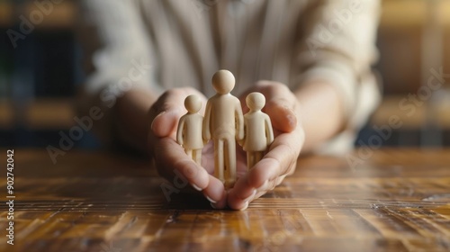 Health care and life insurance concept with hands protecting a family figurine on a wood table, symbolizing safety and protection in a caring environment.
