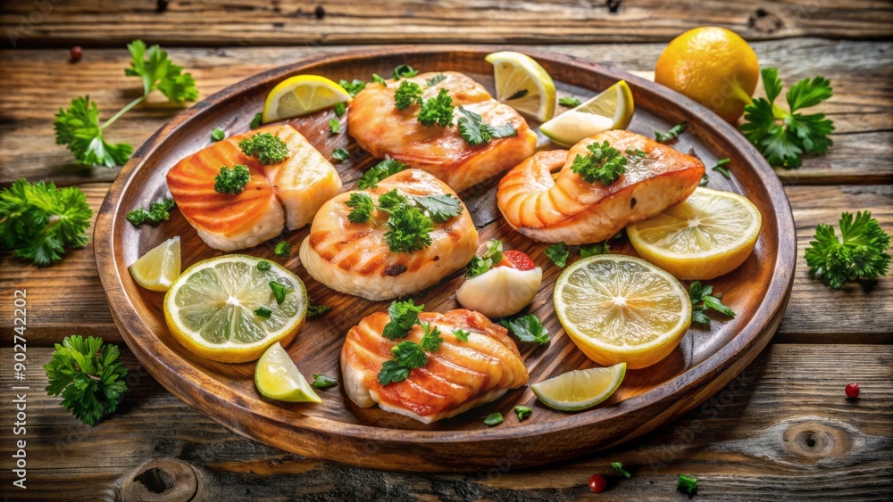 Succulent shrimp, scallops, and salmon fillets sizzling on a rustic wooden platter, surrounded by lemon slices and fresh parsley. Succulent shrimp, scallops, and salmon fillets sizzling on a rustic wooden platter, surrounded by lemon slices and fresh parsley.