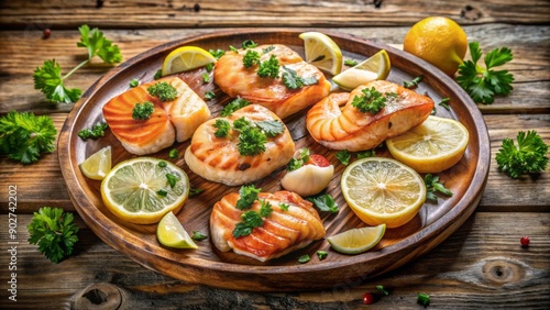 Succulent shrimp, scallops, and salmon fillets sizzling on a rustic wooden platter, surrounded by lemon slices and fresh parsley.