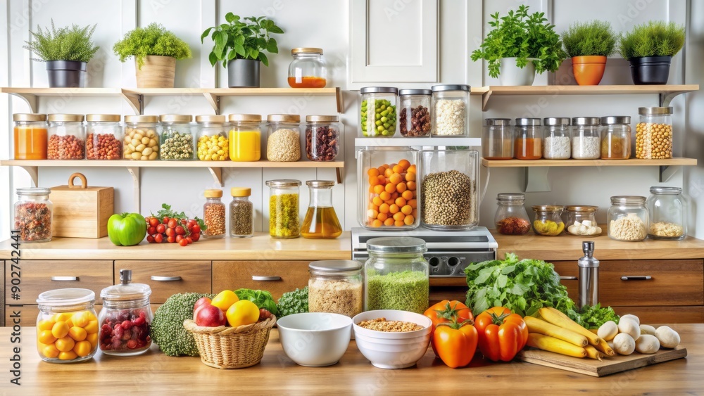 A perfectly organized kitchen counter with various neatly labeled and categorized food products under strict nutritional guidelines and regulations. A perfectly organized kitchen counter with various neatly labeled and categorized food products under strict nutritional guidelines and regulations.