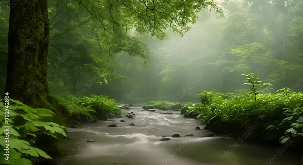Gentle rain falling in a serene forest, droplets glistening on lush green leaves, a soft mist rising from the ground, creating a dreamy, magical atmosphere. A small, sparkling stream winds through, re