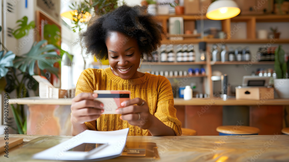 Smiling woman using a credit card for online shopping in a cozy cafe Smiling woman using a credit card for online shopping in a cozy cafe