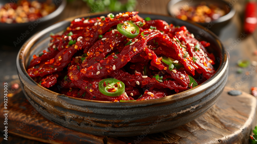 Spicy Beef Jerky with Chili Peppers and Sesame Seeds Spicy Beef Jerky with Chili Peppers and Sesame Seeds