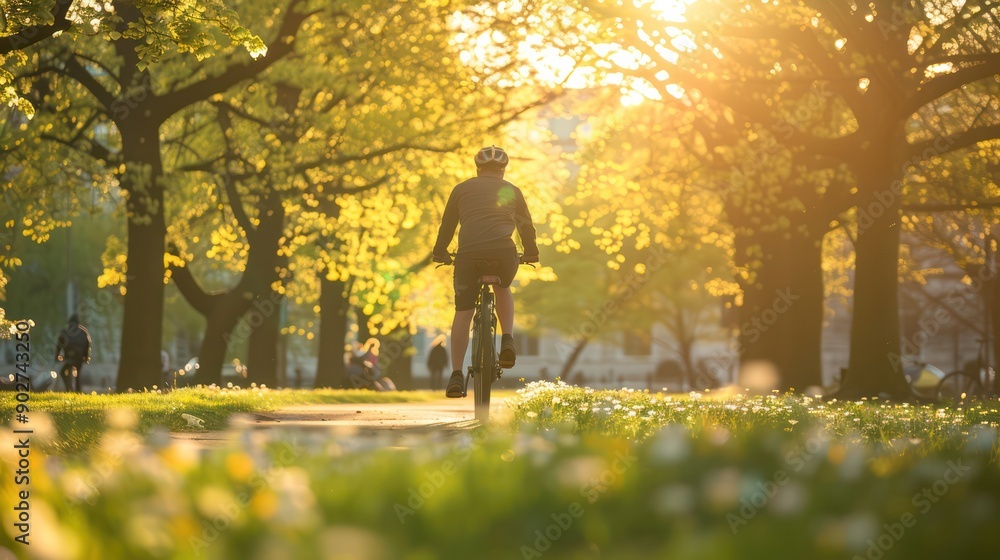 A Man riding a bicycle in a city park with plenty of space for text, ideal for active transport concepts. A Man riding a bicycle in a city park with plenty of space for text, ideal for active transport concepts.