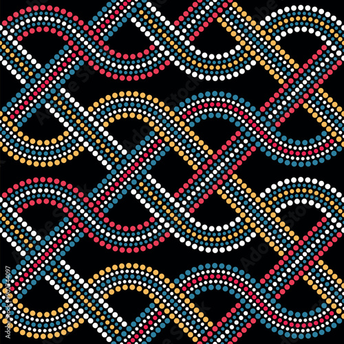 Abstract geometric dotted mesh with intertwined wavy lines on a black background. Ethnic retro style design with small circles in yellow, red, blue, and white. Seamless repeating pattern.