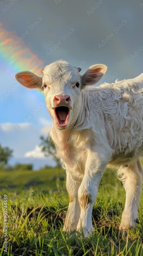 Lively young calf standing in field, rainbow in sky. Lively young calf standing in field, rainbow in sky.