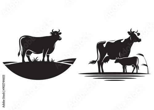 cow vector silhouette illustration, cow standing silhouette vector, cow breed silhouettes vector, cow and calf silhouette, black and white cow Silhouette, cow logo icon template vector illustration