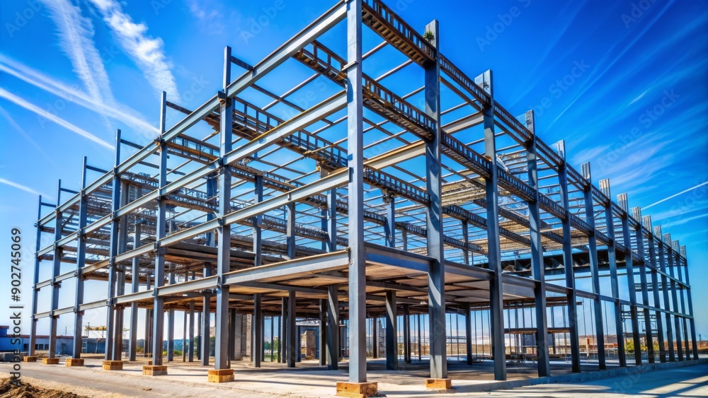 A modern construction site featuring steel studs forming a skeletal framework for a commercial building against a blue sky backdrop. A modern construction site featuring steel studs forming a skeletal framework for a commercial building against a blue sky backdrop.