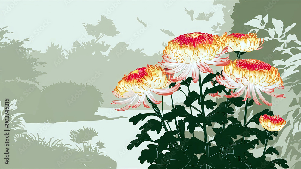 Naklejka premium A stunning minimalist vibrant chrysanthemums against a soft garden background, creating a serene and elegant floral composition. 