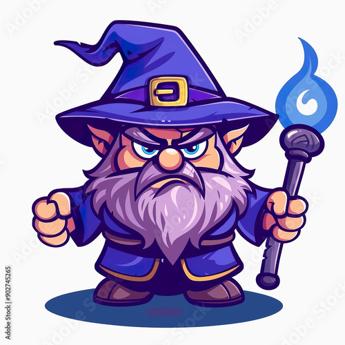 Angry Cartoon Wizard with Blue Flame Staff photo