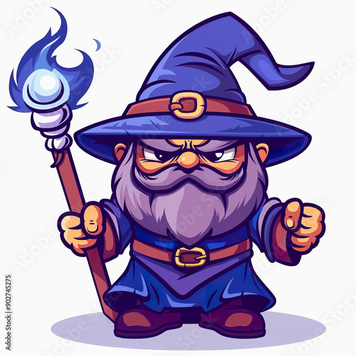 Angry Cartoon Wizard with Blue Hat and Staff