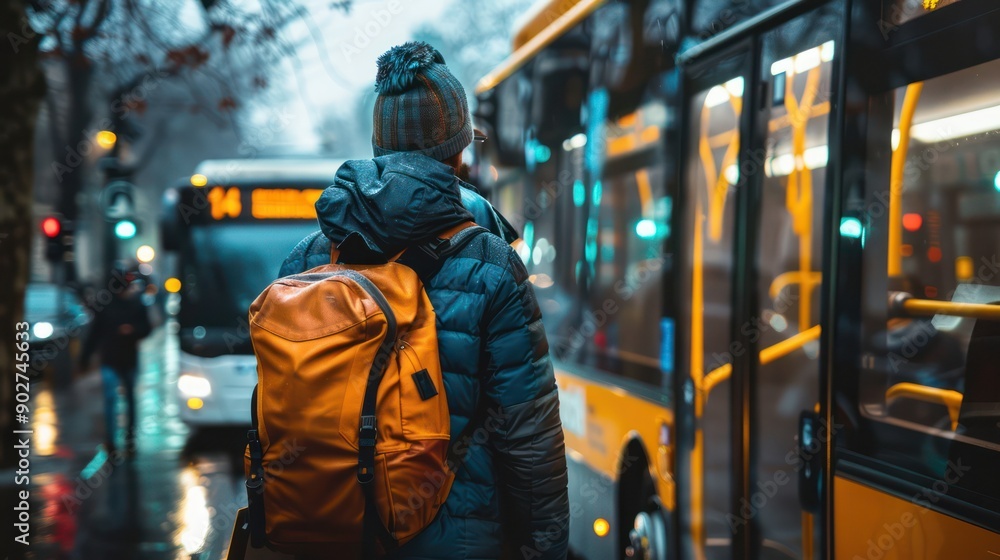 Person boarding a bus, with room for public transport and commuting text. Person boarding a bus, with room for public transport and commuting text.