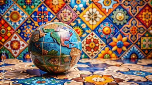 Globe with puzzle pieces fitting together against a backdrop of local traditional cultural tiles and patterns in warm vibrant colors. photo