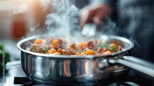 A luscious meat stew is simmering on the stove, featuring chunks of tender meat and potatoes, garnished with fresh herbs, creating a hearty and savory dish.