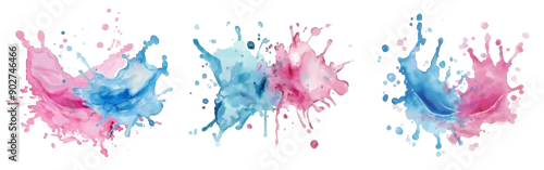 Panel kuchenny z motywem Dynamic watercolor splashes in pink and blue, vibrant paint splatters and abstract fluid art, playful ink blots, isolated PNG on transparent background, expressive brushstrokes.       