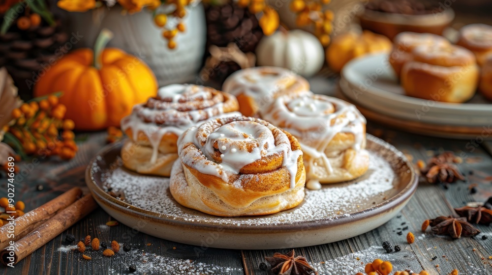Cinnamon buns with pumpkin and vanilla cream on rustic setting with pumpkins and flowers Cinnamon buns with pumpkin and vanilla cream on rustic setting with pumpkins and flowers