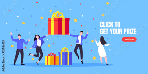 Get online incentive gift benefit reward and gifts, earn loyalty program points. Get loyalty card and customer service business concept flat design vector illustration. Tiny people with big gift boxes