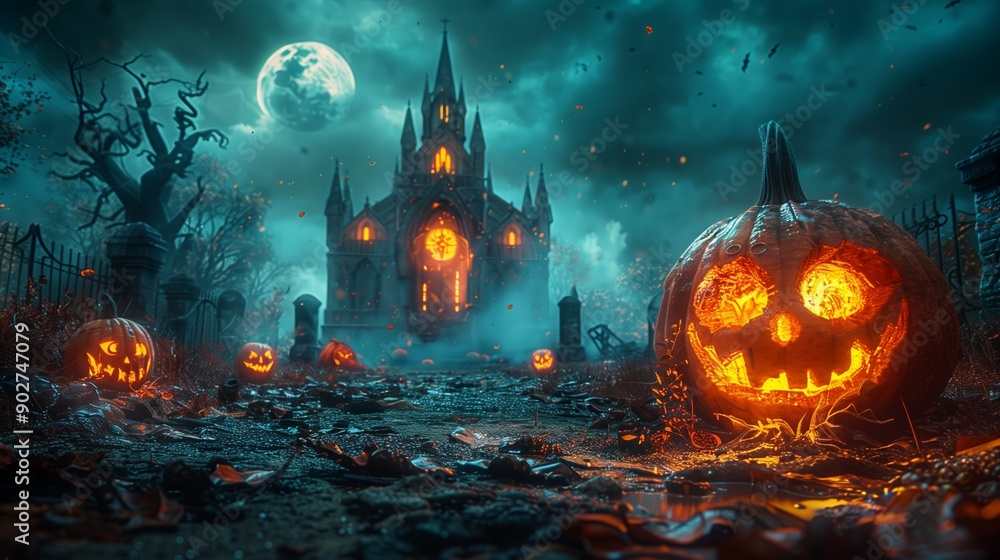 Eerie Halloween Night With Glowing Pumpkins and Haunted Castle Under a Full Moon Eerie Halloween Night With Glowing Pumpkins and Haunted Castle Under a Full Moon