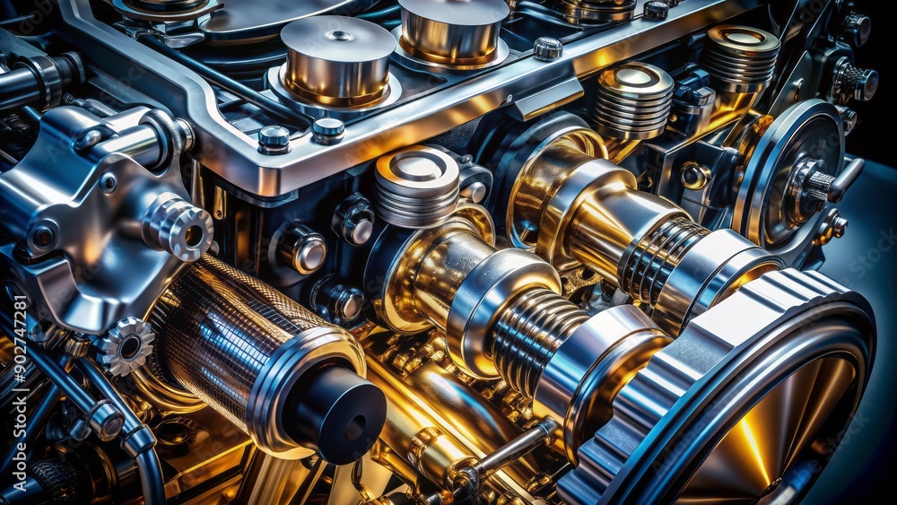 High-angle engine closeup of a powerful machine's intricate mechanical components with gleaming metallic surfaces and bolts amidst a dark background. High-angle engine closeup of a powerful machine's intricate mechanical components with gleaming metallic surfaces and bolts amidst a dark background.