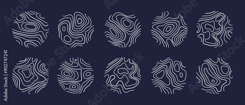 Circular wood rings or topographic map lines texture set. Wood tree topographic abstract lines collection flat style design vector illustration contour isolated pattern design.