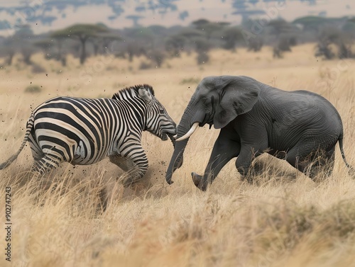 Majestic Elephant Chasing a Striped Zebra in African Savannah During Golden Hour