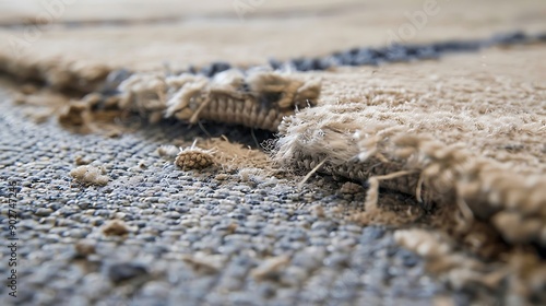 Damaged carpet seam showing delamination of the carpet photo