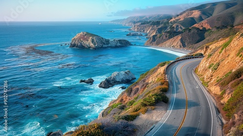 Scenic view of a coastal highway, blending natural beauty with transport themes.