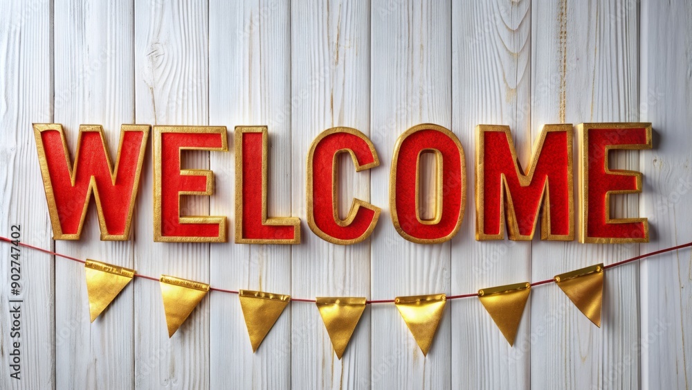 Vibrant welcome banner with bold red letters and golden accents against ...