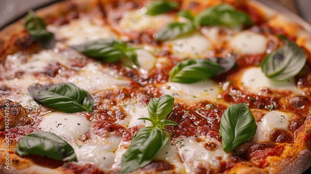 A close-up shot of a freshly baked Margherita pizza with mozzarella cheese, tomato sauce, and fresh basil leaves. A close-up shot of a freshly baked Margherita pizza with mozzarella cheese, tomato sauce, and fresh basil leaves.
