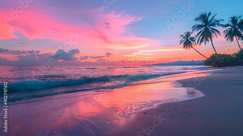 Breathtaking Dusk Seascape with Silhouetted Palm Trees and Colorful Sky Reflection