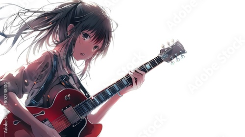 Anime girl playing guitar on white background with copy space or text space