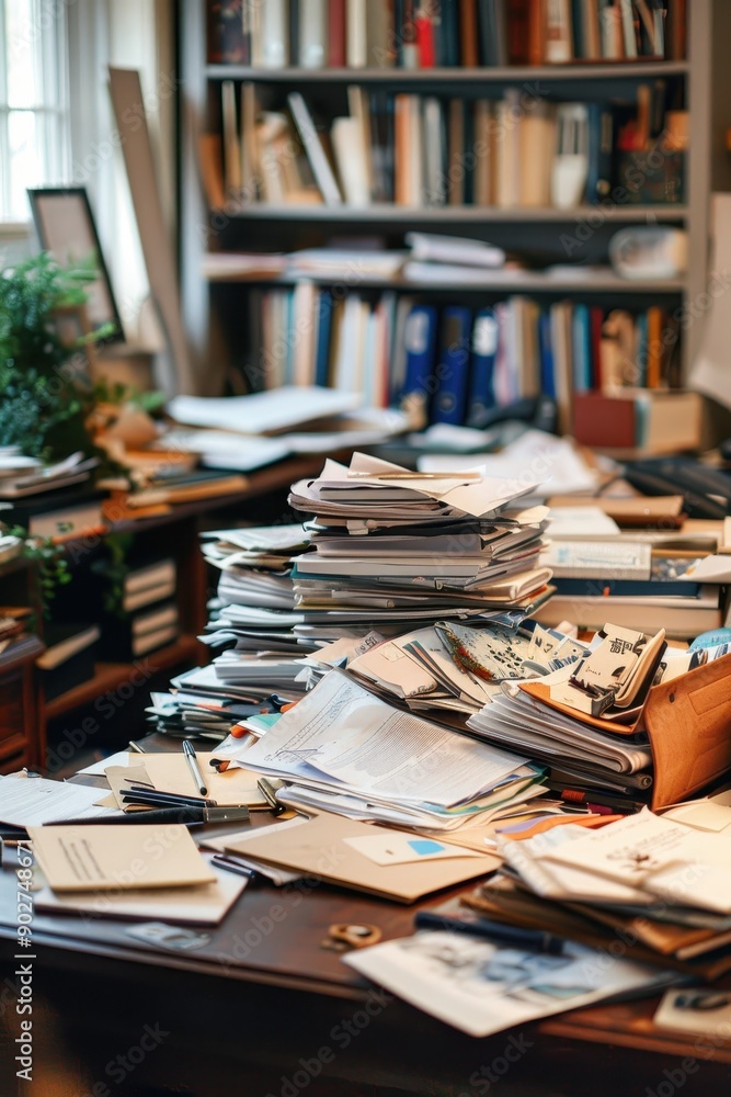 Cluttered Office Desk with Stacks of Papers and Books in a Busy Workspace with Shelves in the Background Cluttered Office Desk with Stacks of Papers and Books in a Busy Workspace with Shelves in the Background