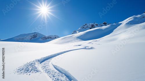 A snowboarder making some fresh tracks on a sunny day