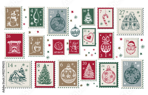 Advent calendar, Christmas Stamps, mail, postcard hand drawn illustrations.	
