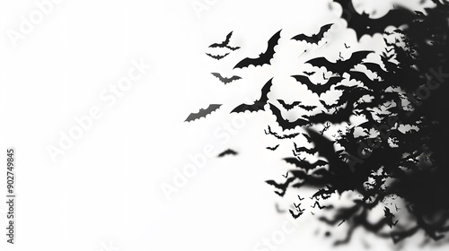 Black bat silhouettes scattered on a white background with lots of free space halloween day