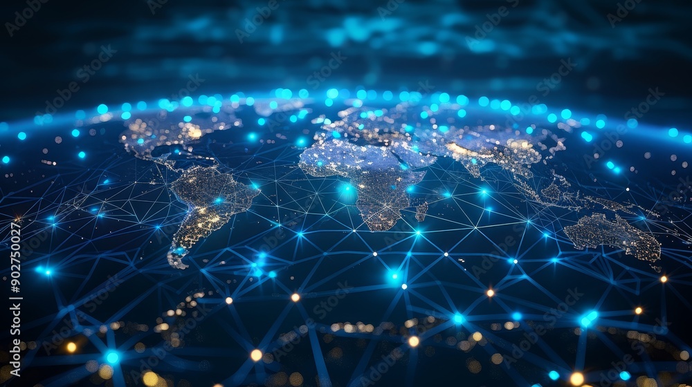 A glowing blue network connecting the world, representing global communication and interconnectedness. A glowing blue network connecting the world, representing global communication and interconnectedness.