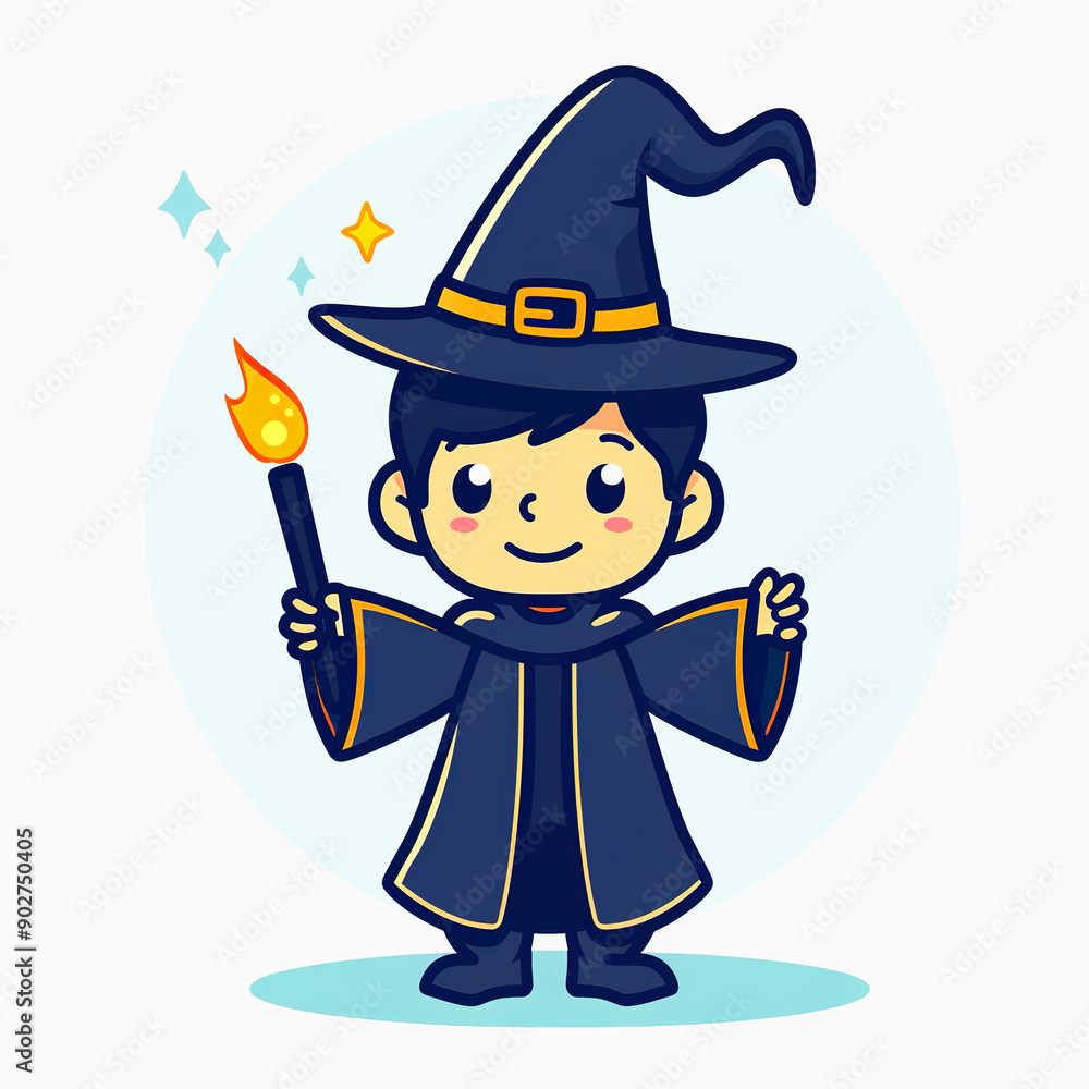 Cartoon illustration of a young wizard holding a flaming wand Cartoon illustration of a young wizard holding a flaming wand