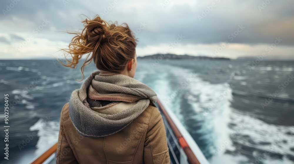 Fototapeta premium A Woman on a ferry deck, with ample space for travel-themed captions.