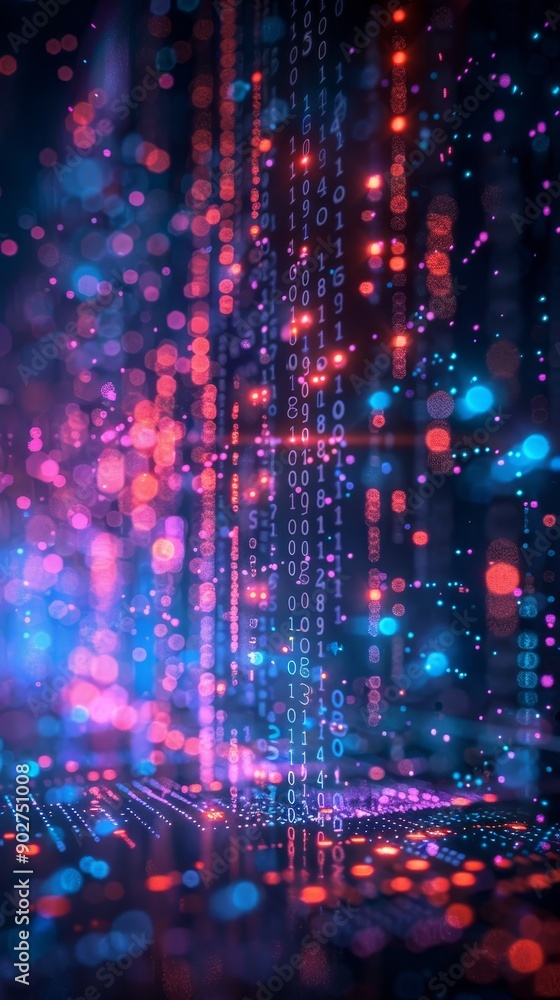 Fototapeta premium Abstract digital art with glowing pink and blue lights. A futuristic, cyberpunk aesthetic.