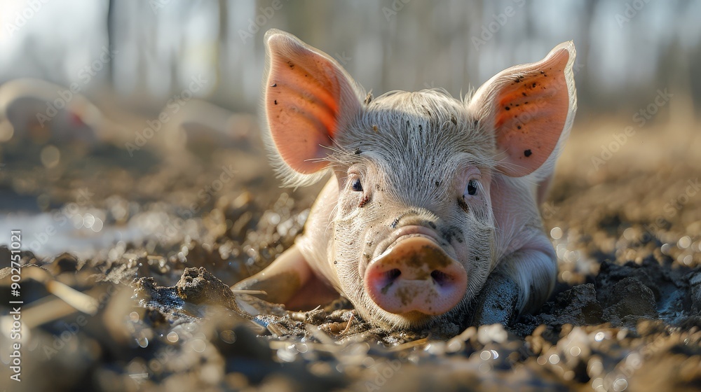 A baby piglet rolling in the sunlit mud, morning light A baby piglet rolling in the sunlit mud, morning light