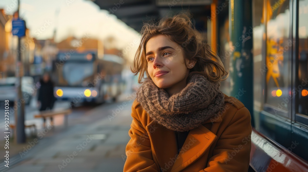A Woman sitting on a bench at a bus station, with space for timetable or service announcements. A Woman sitting on a bench at a bus station, with space for timetable or service announcements.