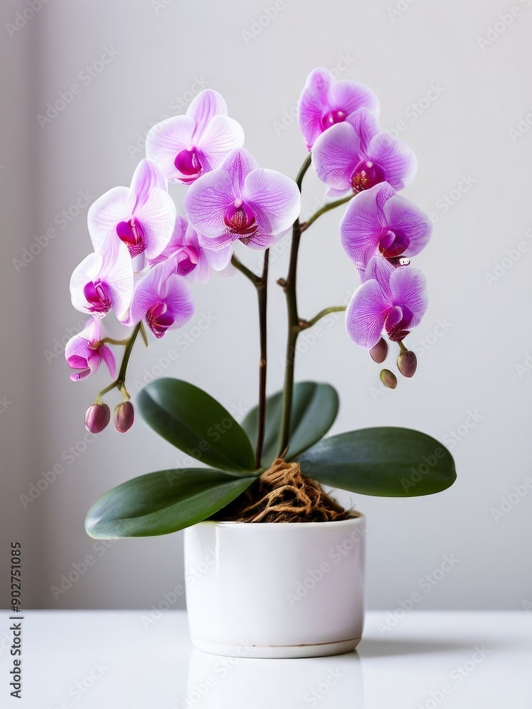 A bright blooming purple orchid with a delicate structure, in a white pot on a slightly blurred background. AI generated. A bright blooming purple orchid with a delicate structure, in a white pot on a slightly blurred background. AI generated.