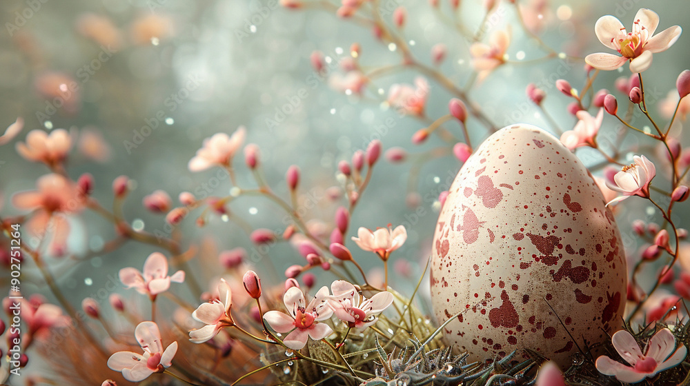 A white egg with red spots sits on a bed of pink flowers A white egg with red spots sits on a bed of pink flowers