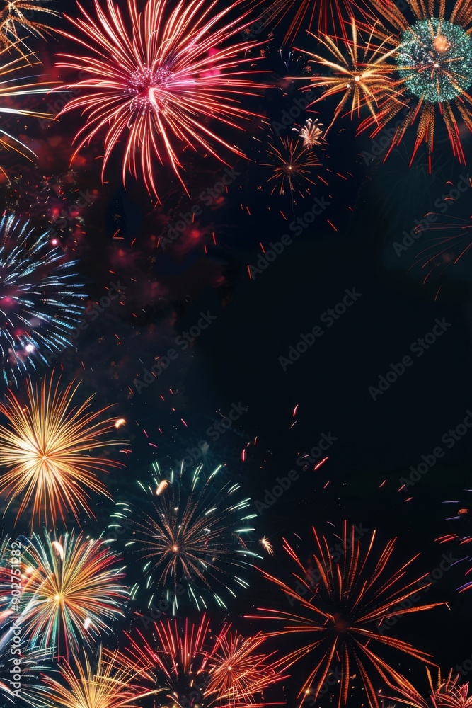 Fototapeta premium Colorful vibrant fireworks illuminating night sky in holiday celebration, copy space