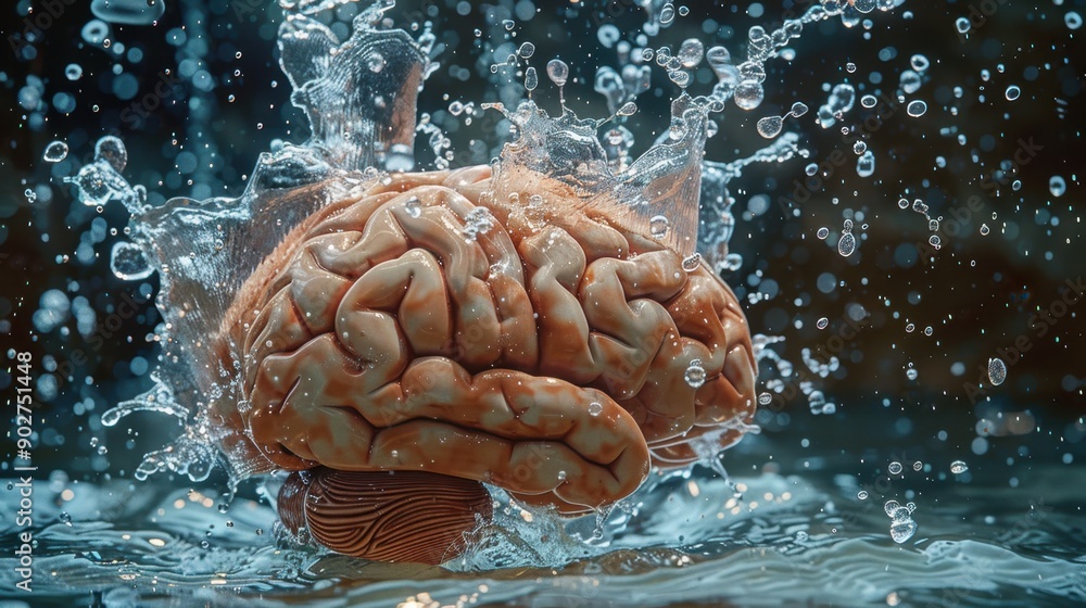 Human Brain Submerged In Water With Bubbles And Splashes Symbolizing Human Brain Submerged In Water With Bubbles And Splashes Symbolizing