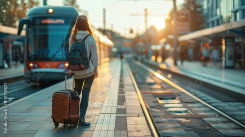 A Woman with luggage waiting for a tram, perfect for urban transport promotions.