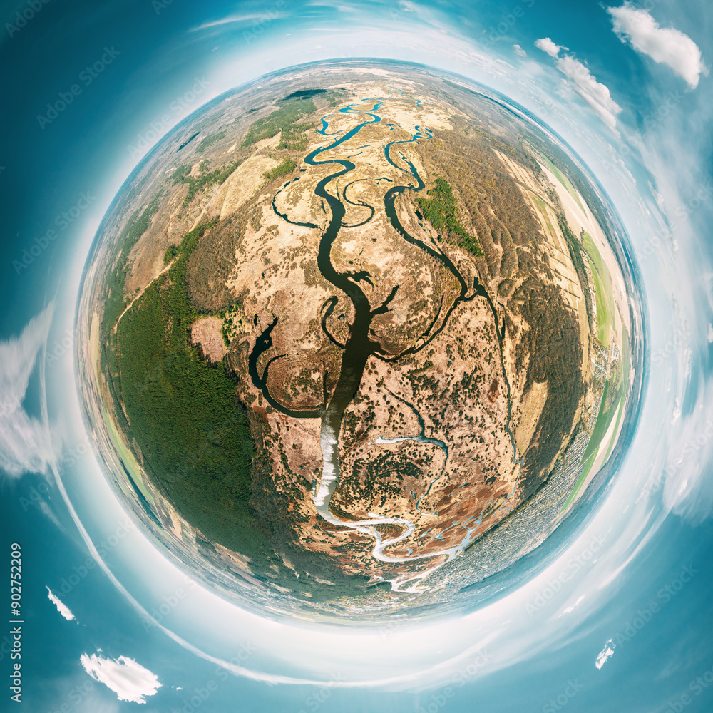 Aerial View Green Countryside Rural forest river Field Meadow Landscape Sunny summer Day. Top View Of Beautiful Nature From High Attitude. Little Small Planet Concept